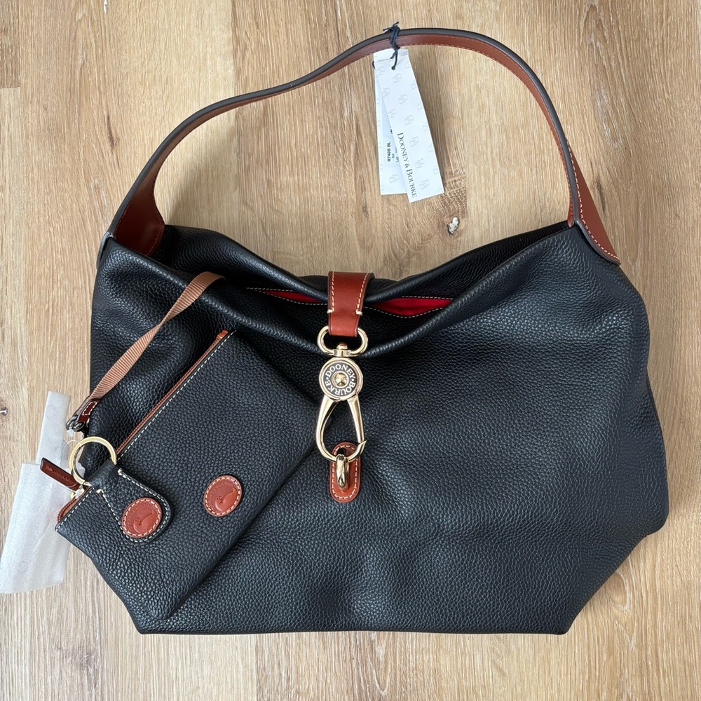 Dooney & Bourke Black Pebble Leather Logo Lock Hobo Shoulder Bag with Pouch
